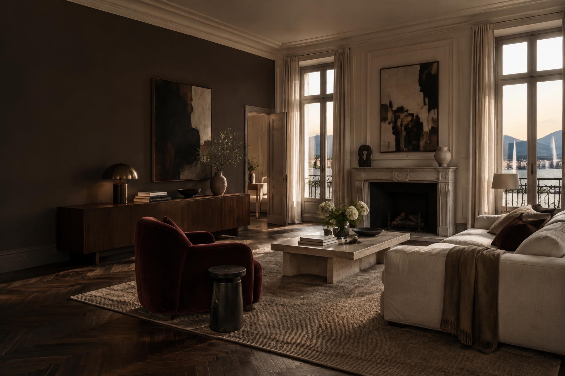 Elegant living room in a Geneva residence overlooking the lake